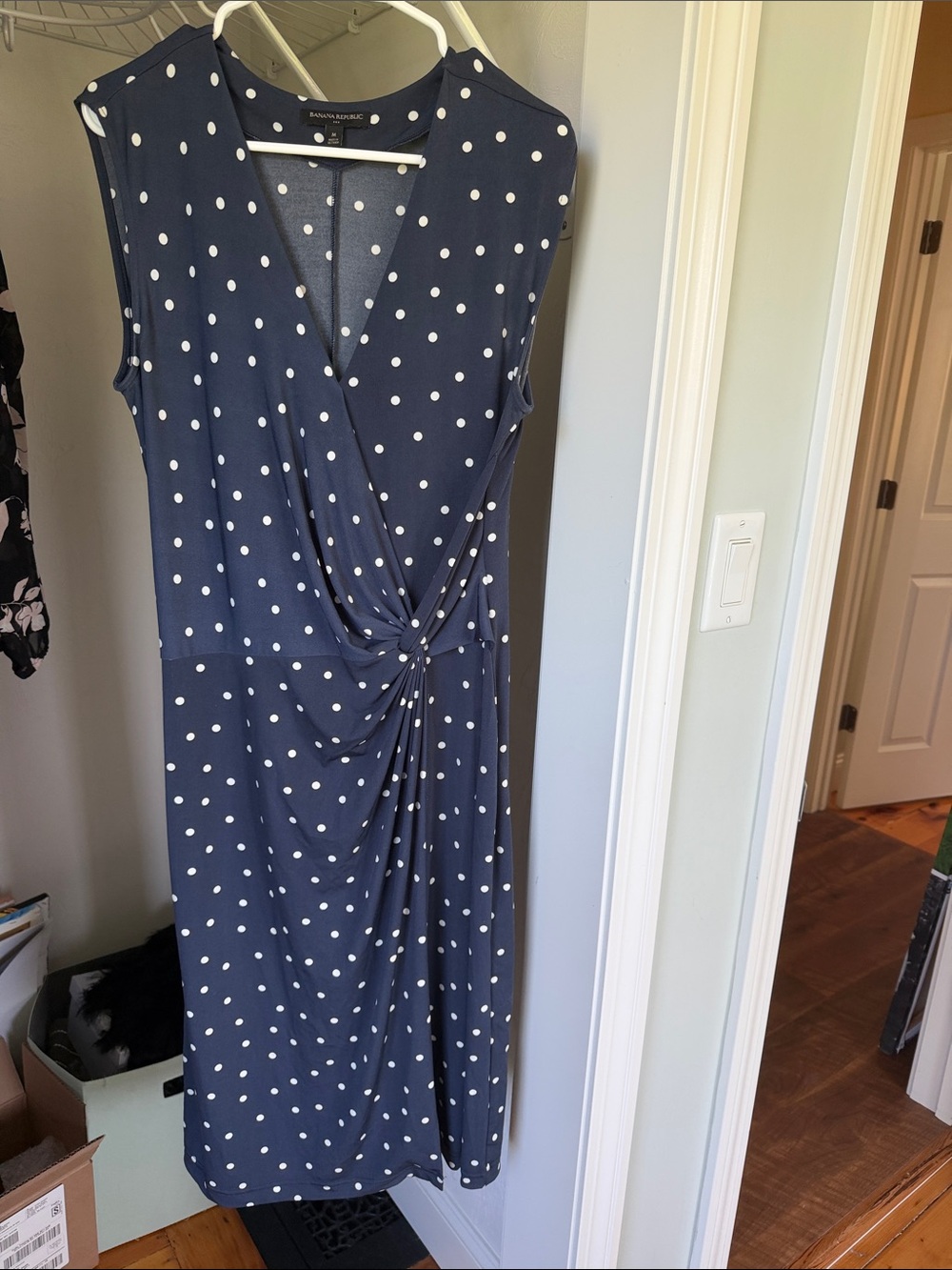 Banana Republic Navy and White Polka Dot Twist-Front Sleeveless Dress